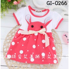 GI0266 เสื้อเด็กผู้หญิงแขนสั้น หน้ากระต่าย ติดโบว์ กระโปรงลายจุด สีชมพูเข้ม S.95