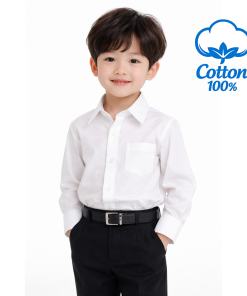 BO0665 เสื้อเชิ๊ตเด็กผู้ชาย แขนยาวคอปกติดกระดุม แต่งกระเป๋า สีขาว