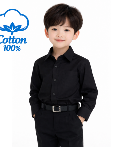 BO0669 เสื้อเชิ๊ตเด็กผู้ชาย แขนยาวคอปกติดกระดุม แต่งกระเป๋า สีดำ
